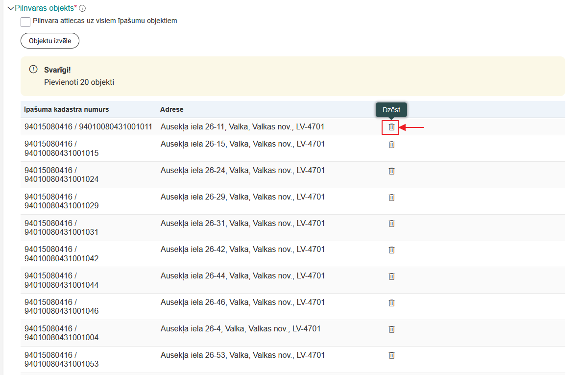Attēls. Dzēst objektu no pilnvaras.