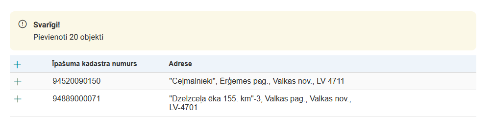 Attēls. Informācija par pieviento objektu skaitu.