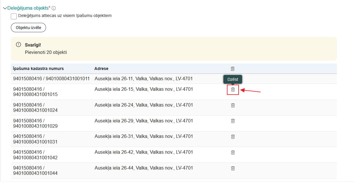 Attēls. Dzēst no deleģējuma objektus.
