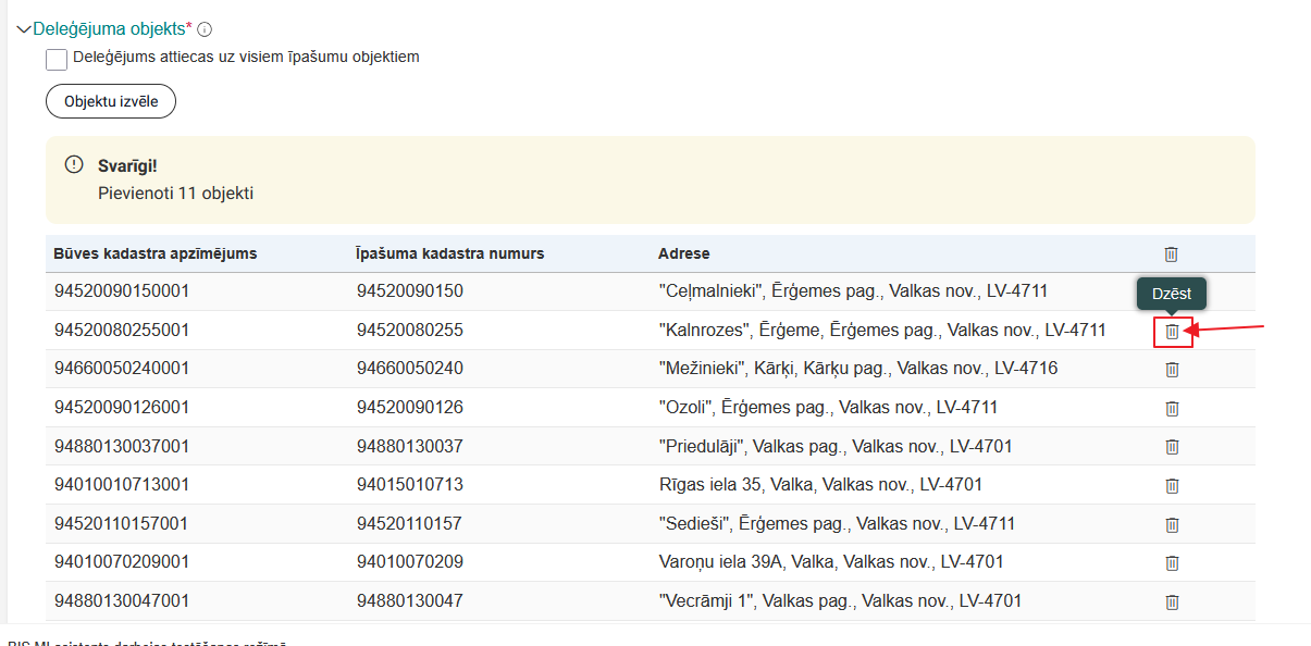 Attēls. Dzēst no deleģējuma objektus.