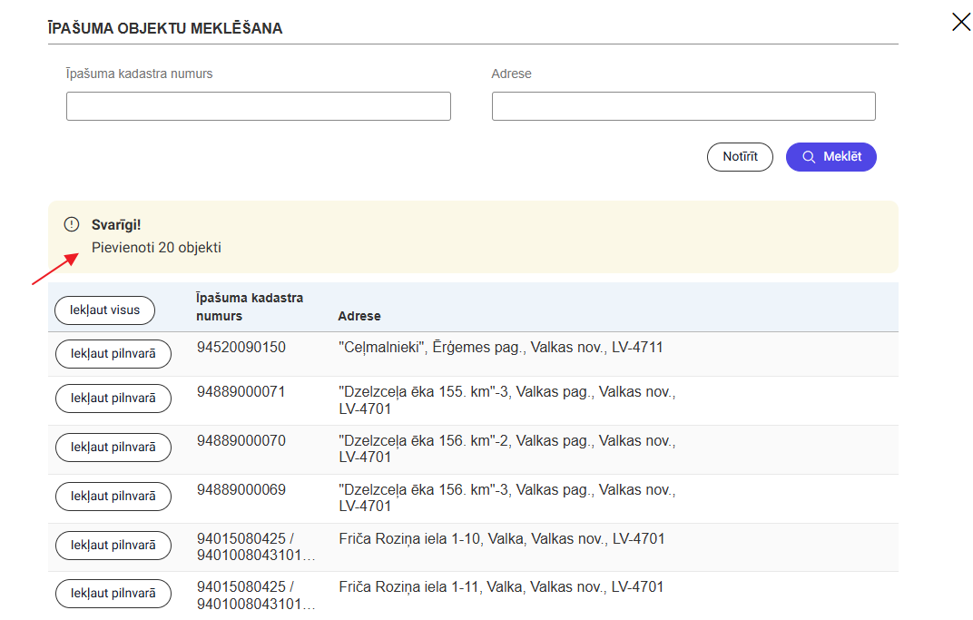 Attēls. Informācija par pieviento objektu skaitu.