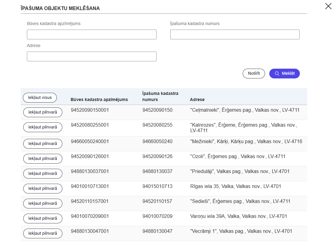 Attēls. Pilnvaras objektu meklēšanas logs.