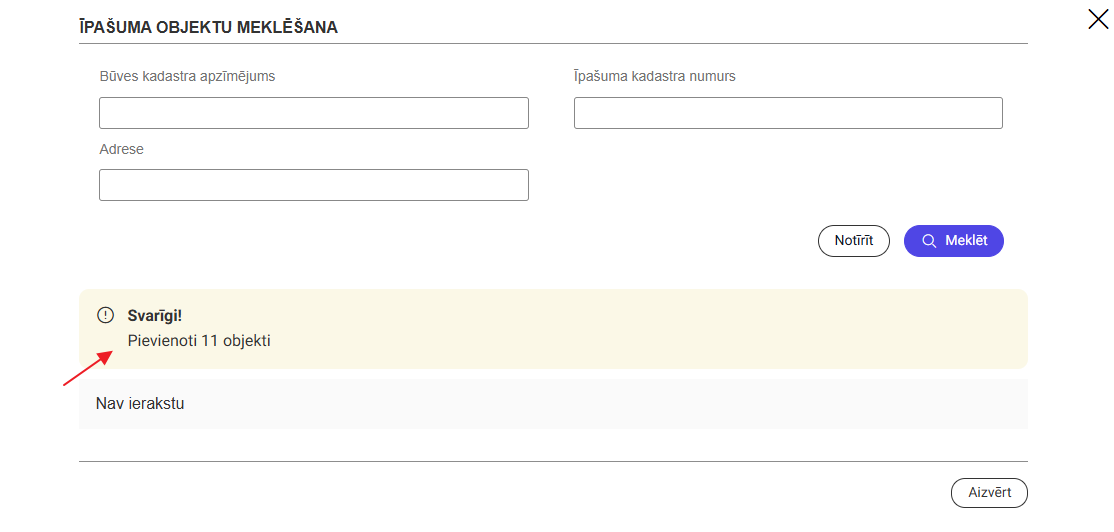Attēls. Informācija par pieviento objektu skaitu.