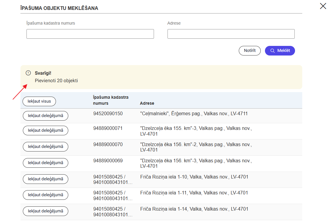 Attēls. Informācija par pieviento objektu skaitu.