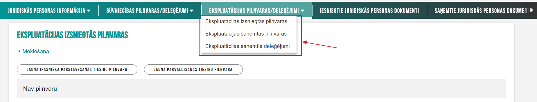 Attēls. Ekspluatācijas pilnvaru izvēlne.