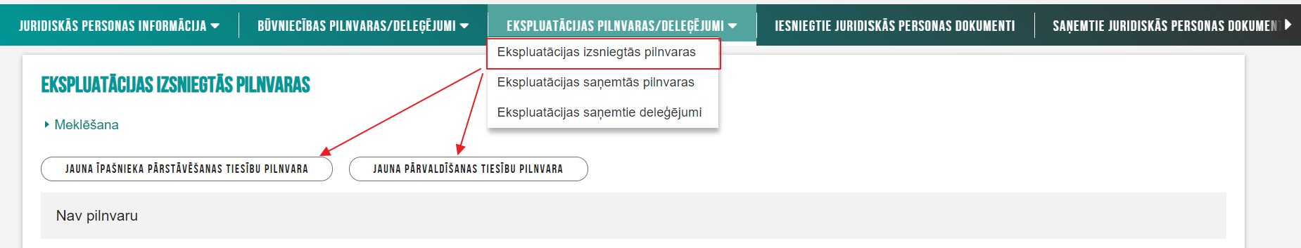 Attēls. Ekspluatācijas pilnvaru izveidošanas opcijas.