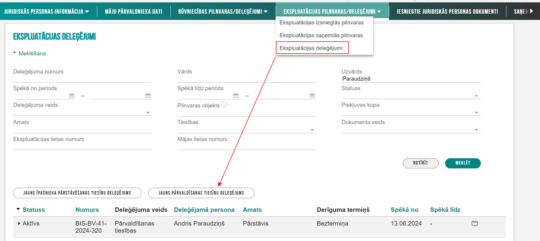 Attēls. Pārvaldīšanas tiesību deleģējuma izveidošanas opcija.