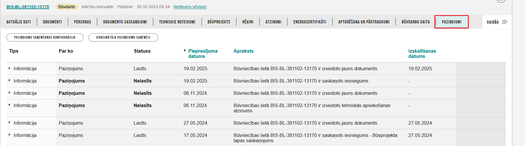 Attēls. Būvniecības lietas sadaļa %22Paziņojumi%22.