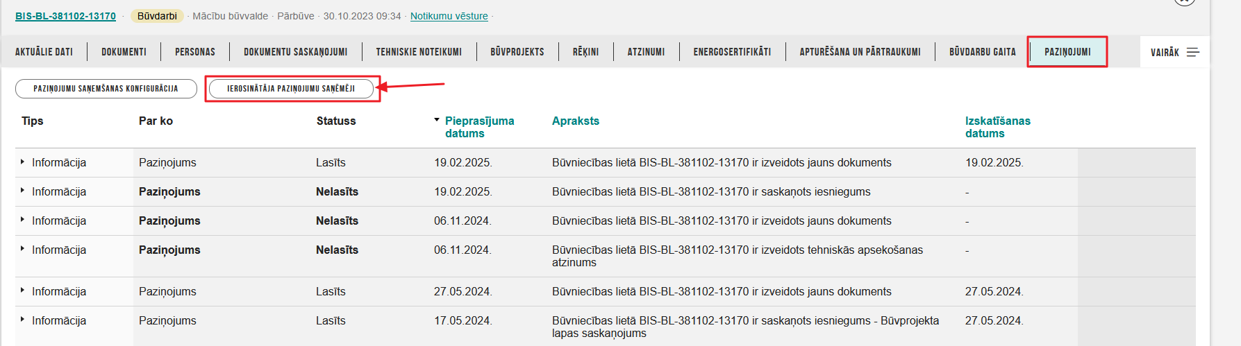 Attēls. Atvērt formu %22Paziņojumu un saskaņojumu saņemšana ierosinātāja vārdā%22.