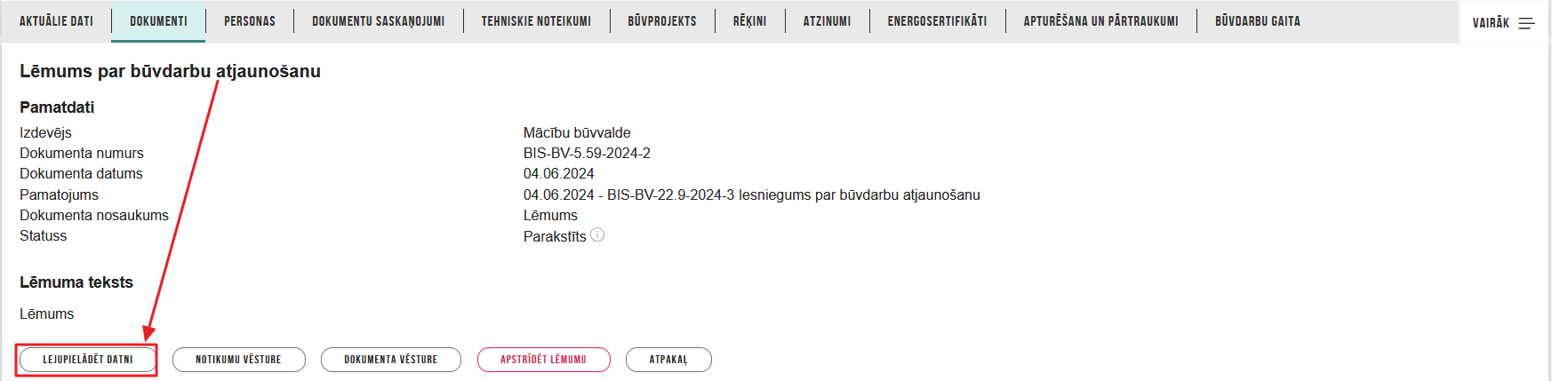 Attēls. Poga <Lejupielādēt datni> saņemtajā dokumentā.
