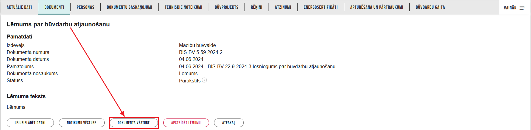 Attēls. Poga <Dokumentu vēsture> saņemtajā dokumentā.