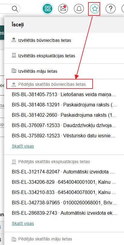 Attēls. Pēdējās skatītās būvniecības lietas.