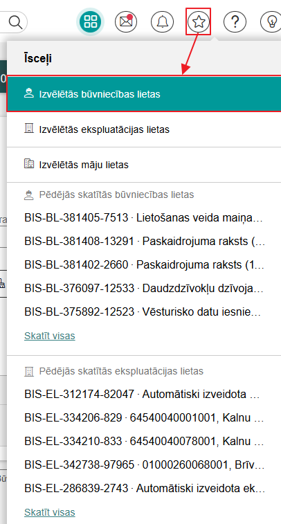 Attēls. Atvērt Izvēlēto būvniecības lietu sarakstu.