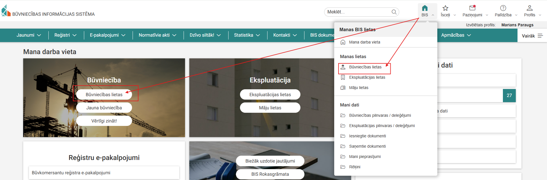 Attēls. Būvniecības lietas sadaļas izvēle.