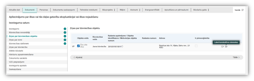 Attēls. Atvērt labošanā konstruktīvos elementus.