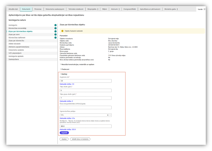 Attēls. Būves rādītāju norādīšana.