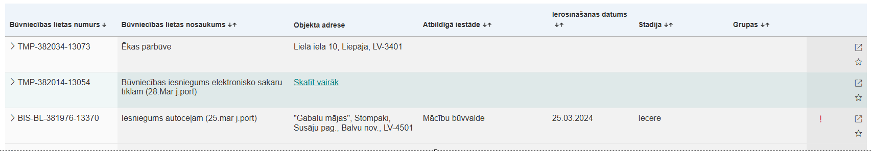 Attēls. Būvniecības lietu saraksts.