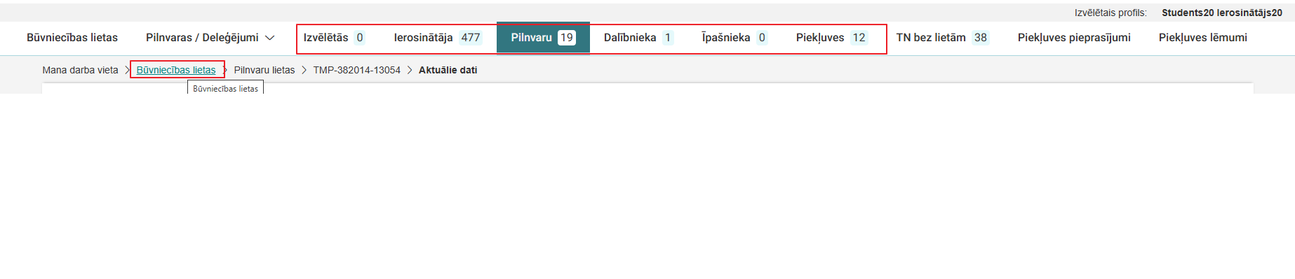 Attēls. Būvniecības lietu izvēlne navigācijas joslā.
