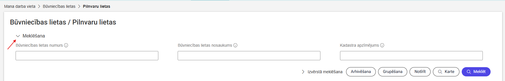 Attēls. Būvniecību lietu sarakstā izvērsta ātrā meklēšana.