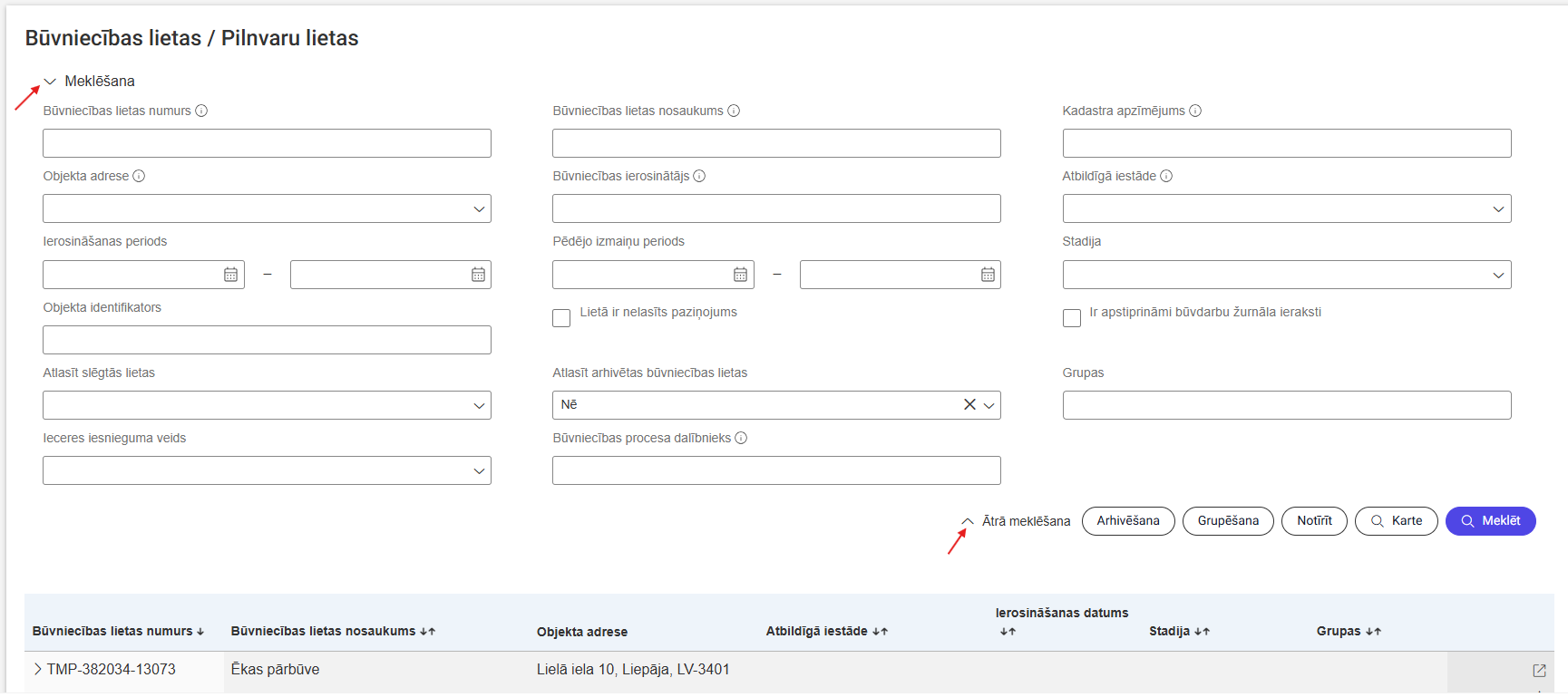 Attēls. Būvniecību lietu izvērstā meklēšana.