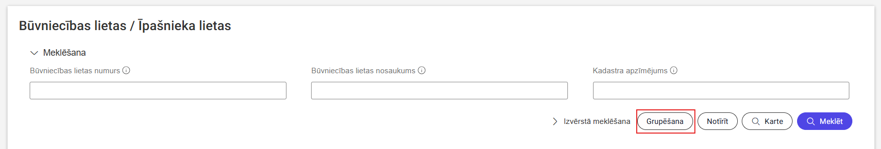 Attēls. Būvniecības lietu masveida grupēšanas funkcionalitātes izvēle.