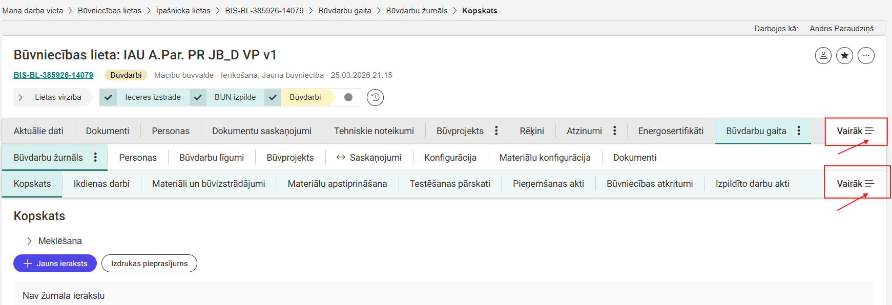 Attēls. Būvniecības lietas sadaļu izvēlnes vienā rindā.