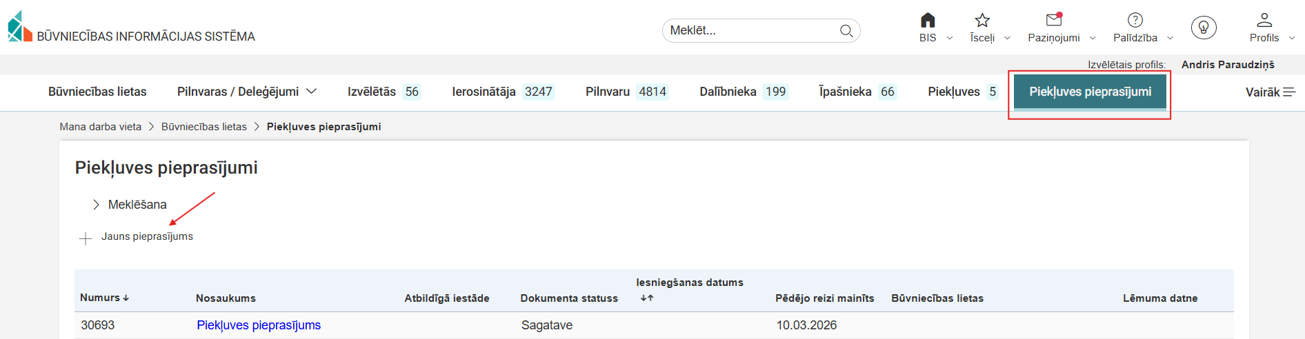 Attēls. Lietas piekļuves pieprasījuma izvēlne un jauna pieprasījuma izveides opcija.
