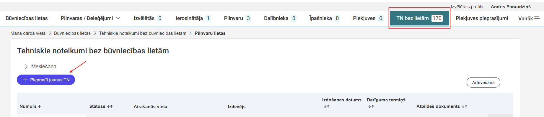 Attēls. %22Tehniskie noteikumi bez būvniecības lietām%22 izveidošanas opcija.