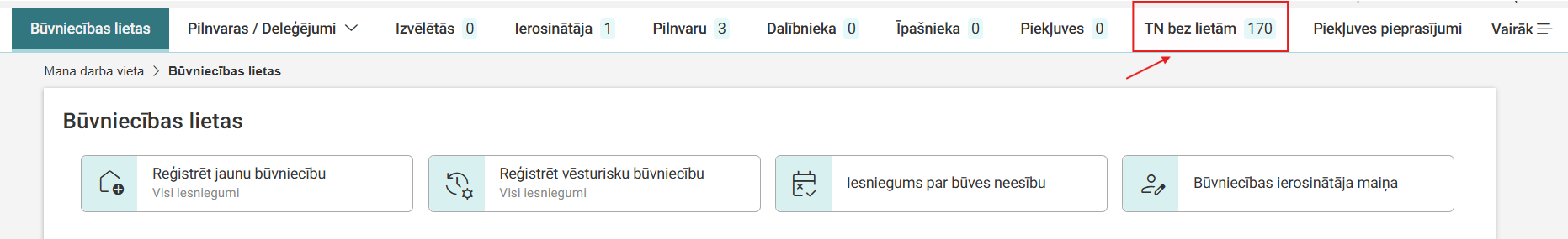 Attēls. %22Tehniskie noteikumi bez būvniecības lietām%22 izvēlnes joslā.