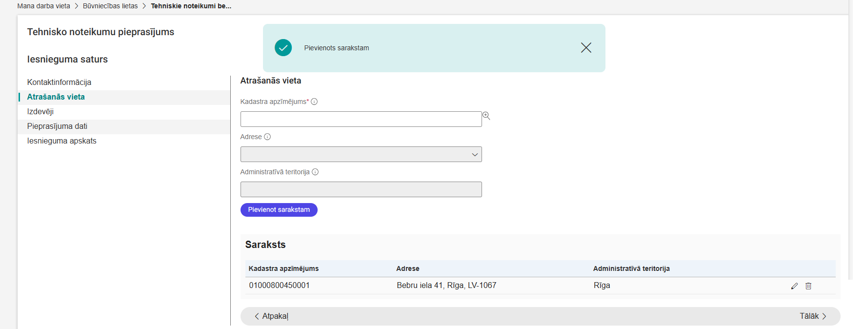 Attēls. Tehnisko noteikumu pieprasīšana bez būvniecības lietas – solis %22Atrašanās vieta%22.