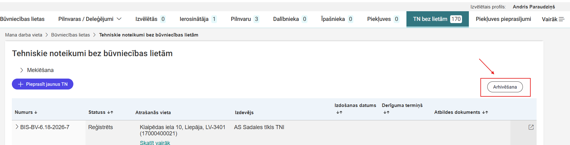 Attēls. Tehnisko noteikumu bez būvniecības lietas masveida arhivēšana.