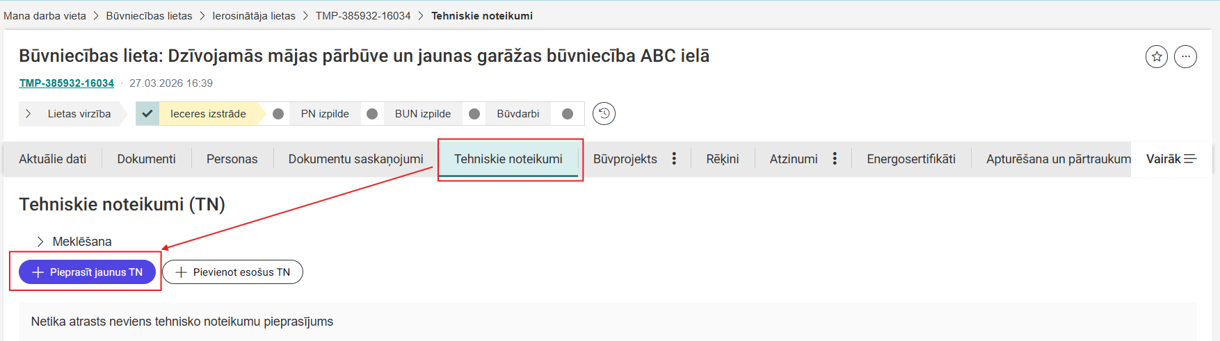 Attēls. Jaunu tehnisko noteikumu pieprasīšana no būvniecības lietas.