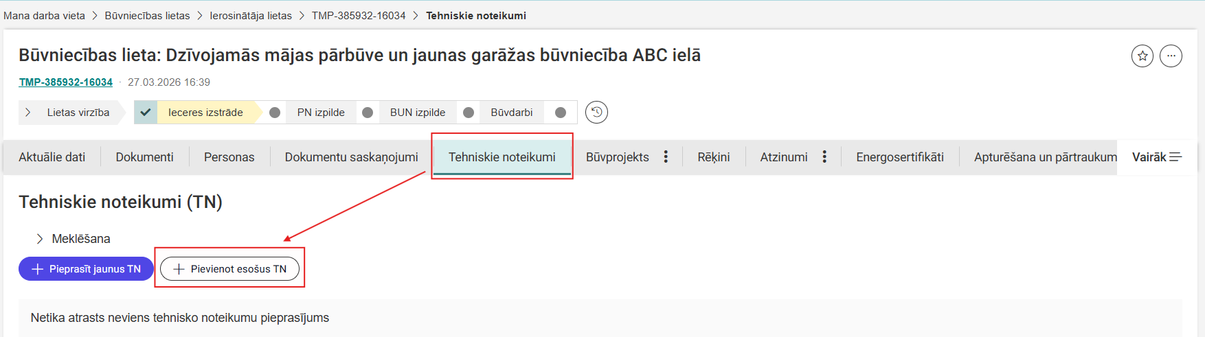 Attēls. Esošu tehnisko noteikumu pievienošana.