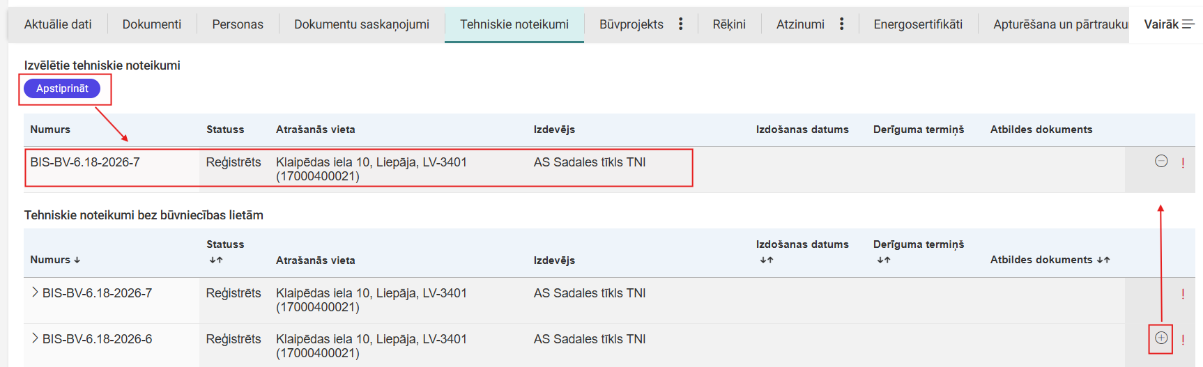 Attēls. Esošo tehnisko noteikumu izvēle un pievienošana.