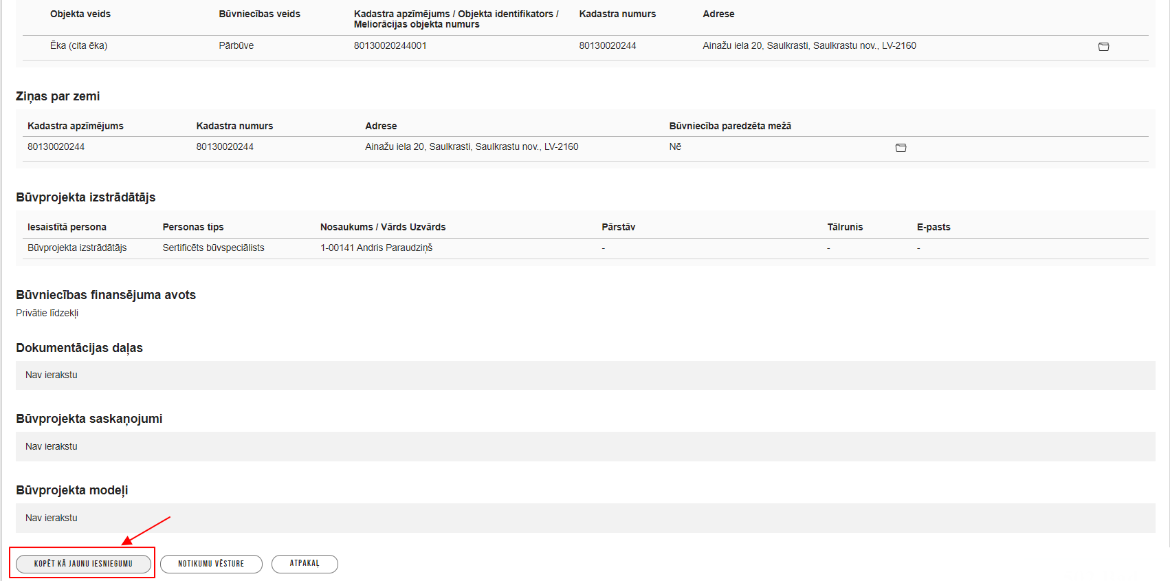 Attēls. Izbeigtu būvniecības lietu kopēt kā jaunu iesniegumu