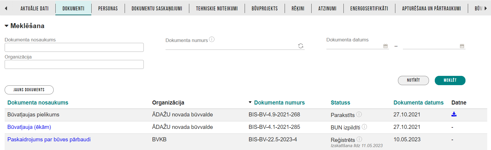 Attēls. Būvniecības lietas sadaļa %22Dokumenti%22.