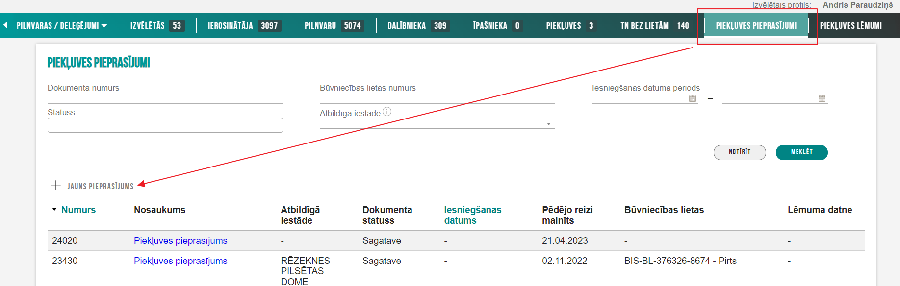 Attēls. Lietas piekļuves pieprasījuma izvēlne.