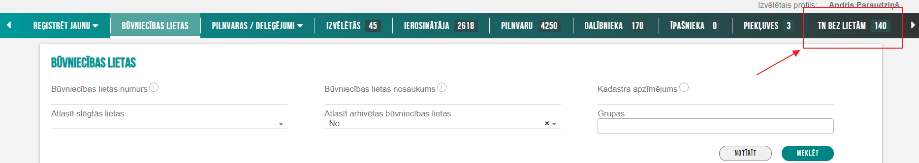 Attēls. %22Tehniskie noteikumi bez būvniecības lietām%22 izvēlnes joslā