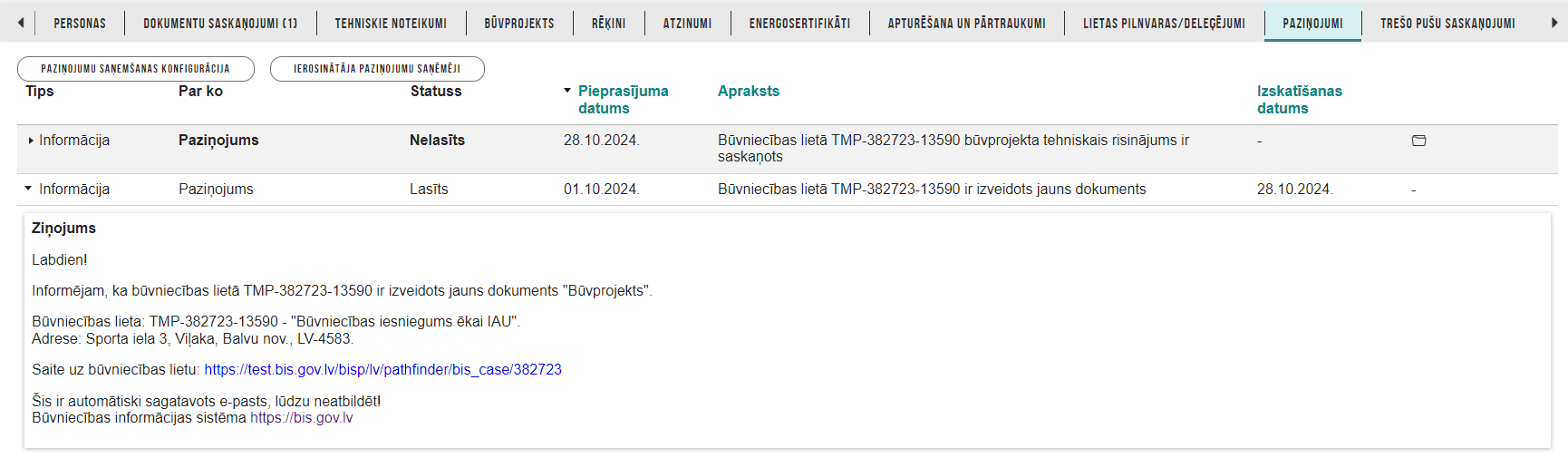 Attēls. Būvniecības lietas sadaļa %22Paziņojumi%22.