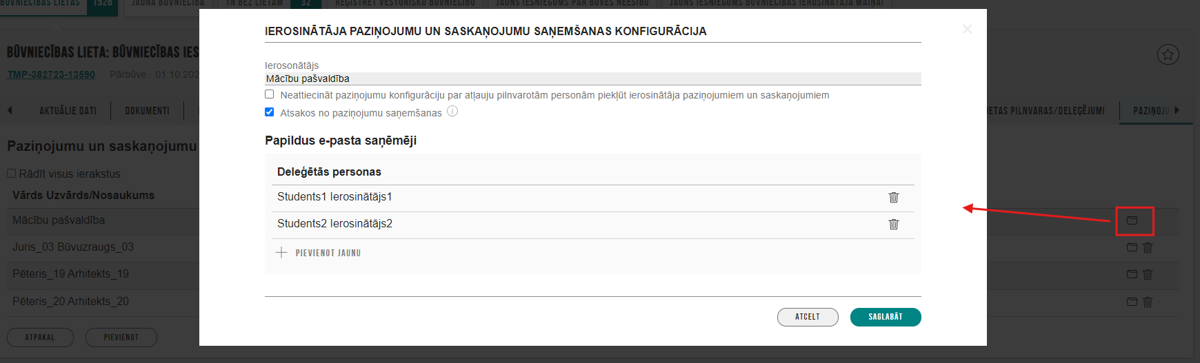 Attēls. %22Ierosinātāja paziņojumu un saskaņojumu saņemšanas konfigurācija%22 forma.