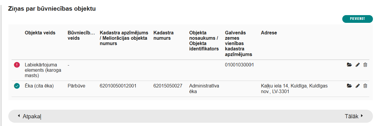 Attēls. Soļa “Ziņas par būvniecības objektu” saraksts.