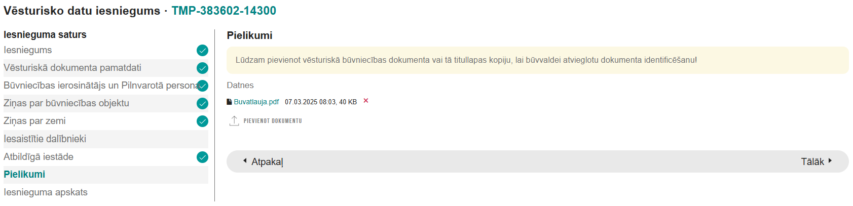 Attēls. Iesnieguma solis %22Pielikumi%22.