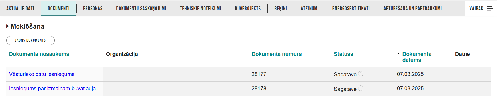 Attēls. Vēsturiskā iesnieguma un saistošā dokumenta atrādīšana pie lietas dokumentiem.
