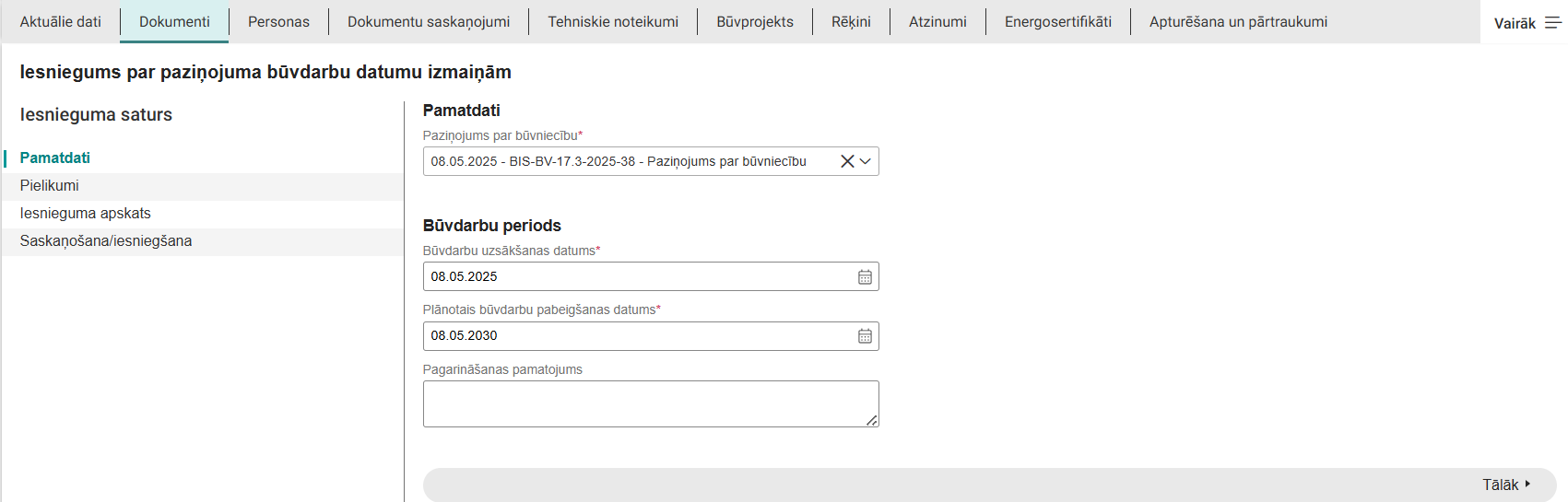 Attēls. Iesniegums par paziņojuma būvdarbu datumu izmaiņām - solis %22Pamatdati%22.