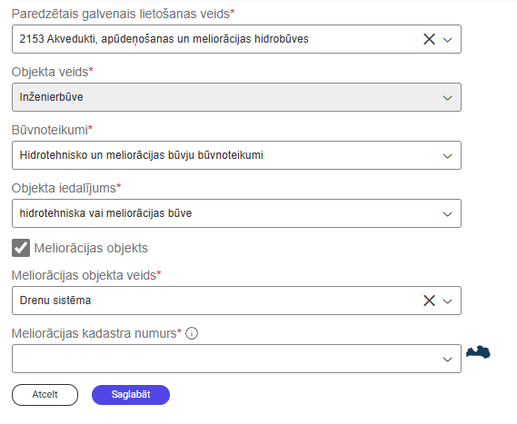 Attēls. Meliorācijas objekta un tā veida pievienošana.