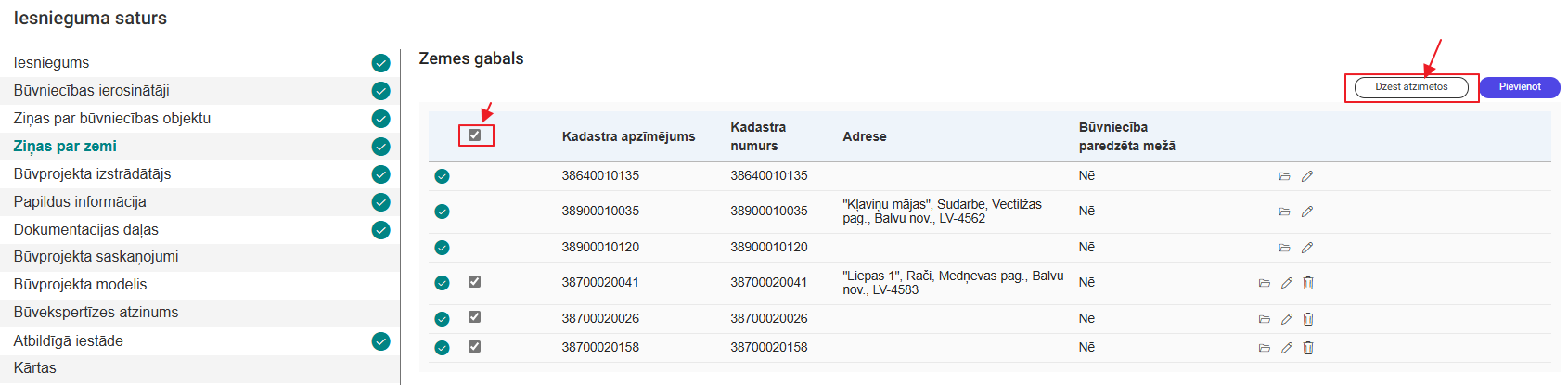 Attēls. Atzīmēt un dzēst visas atzīmētās zemes vienības.