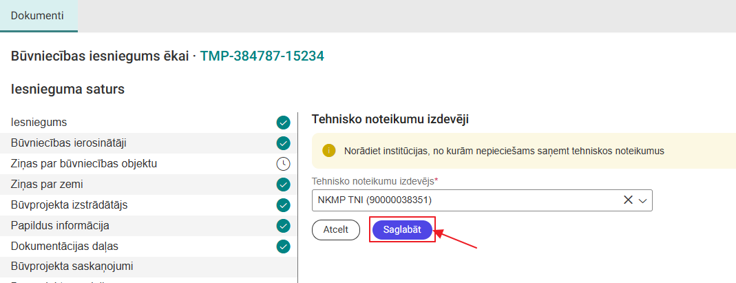 Attēls. Saglabāt tehnisko noteikumu izdevēju.