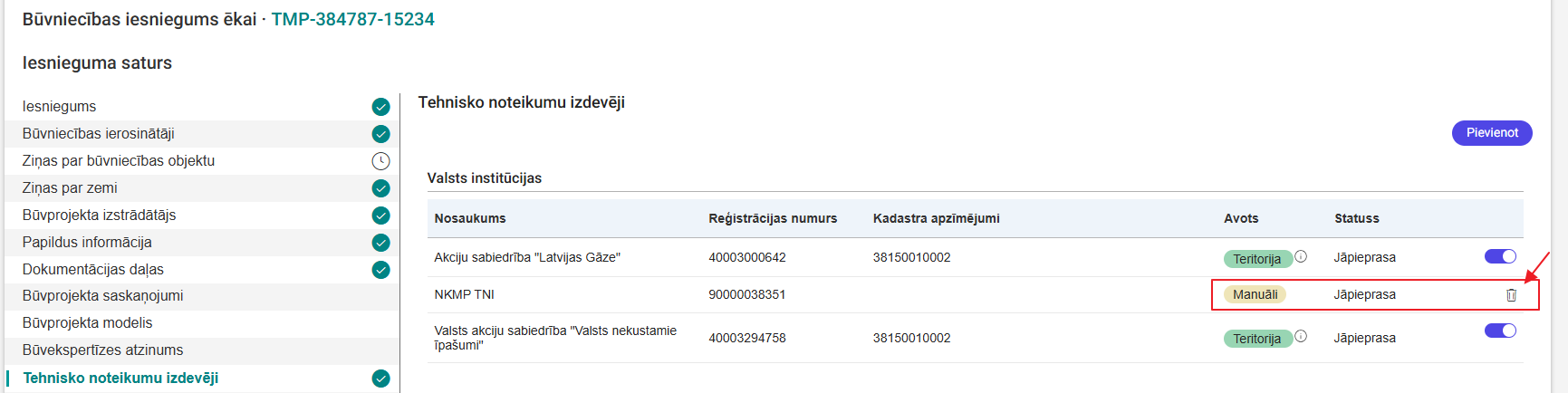 Attēls. Manuāli pievienots tehnisko noteikumu izdevējs, kuru var dzēst no saraksta.