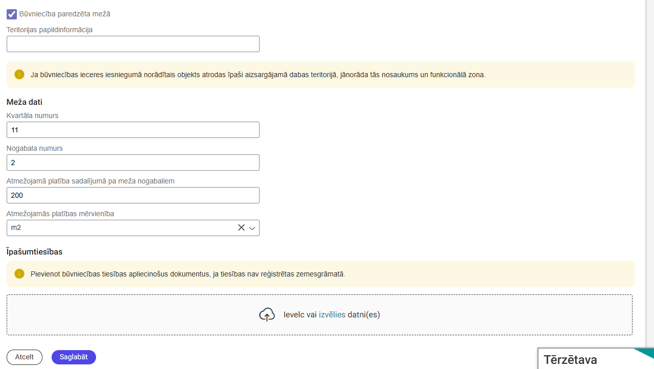 Attēls. Atmežojamās platības norādīšana.