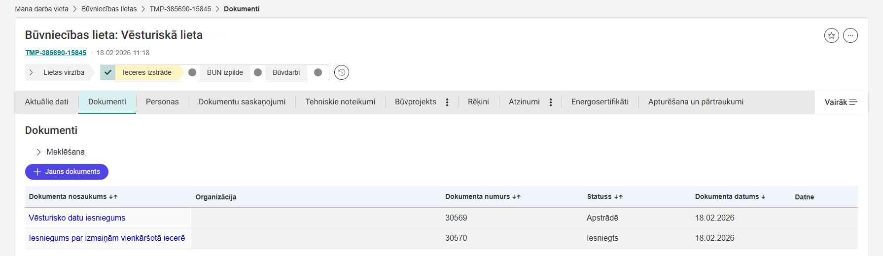 Attēls. Vēsturiskā iesnieguma un saistošā dokumenta atrādīšana pie lietas dokumentiem.